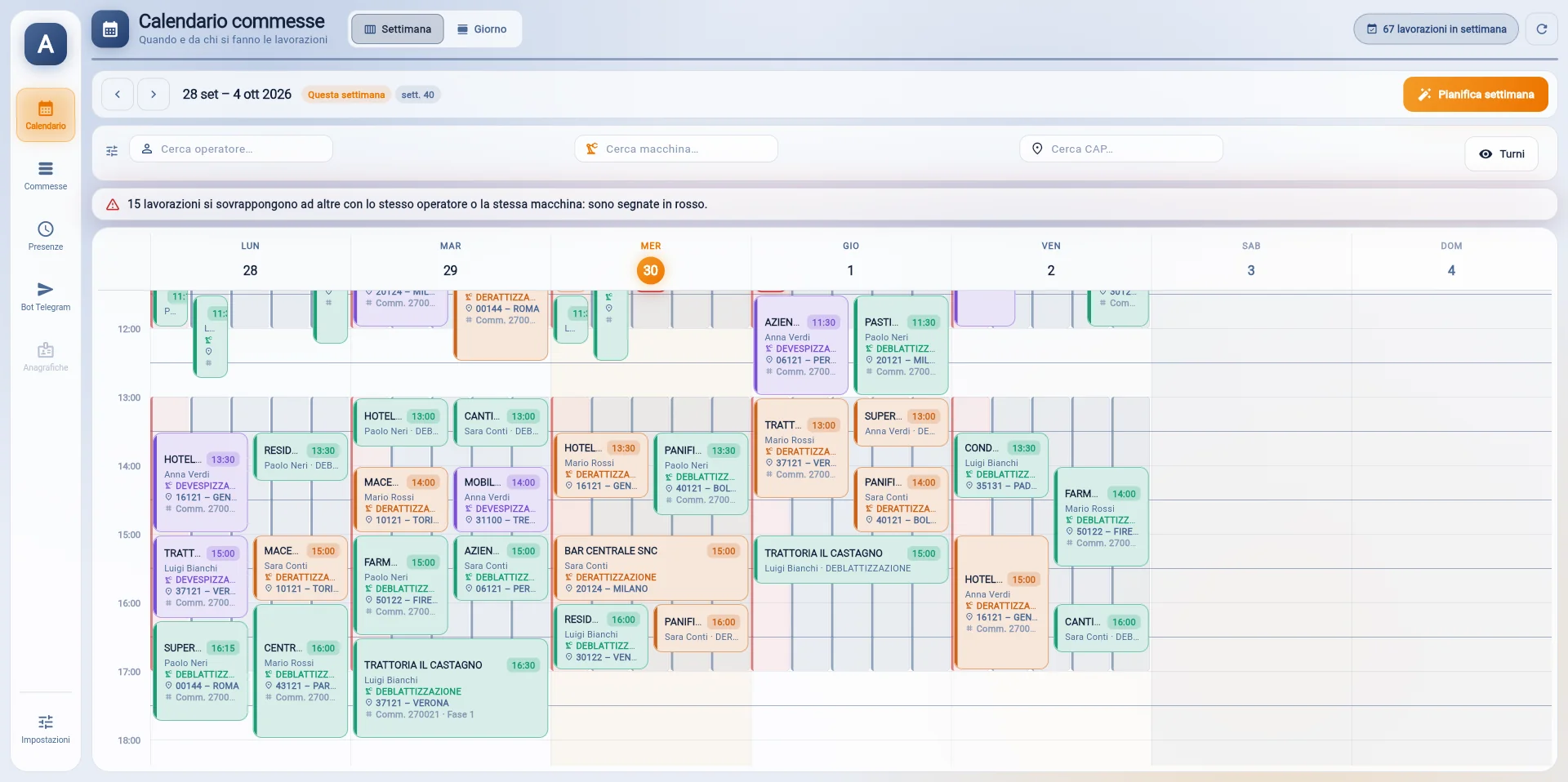 Calendario settimanale degli interventi: per ogni lavorazione il cliente, il tecnico, la macchina e la località, con l’avviso delle sovrapposizioni in testa